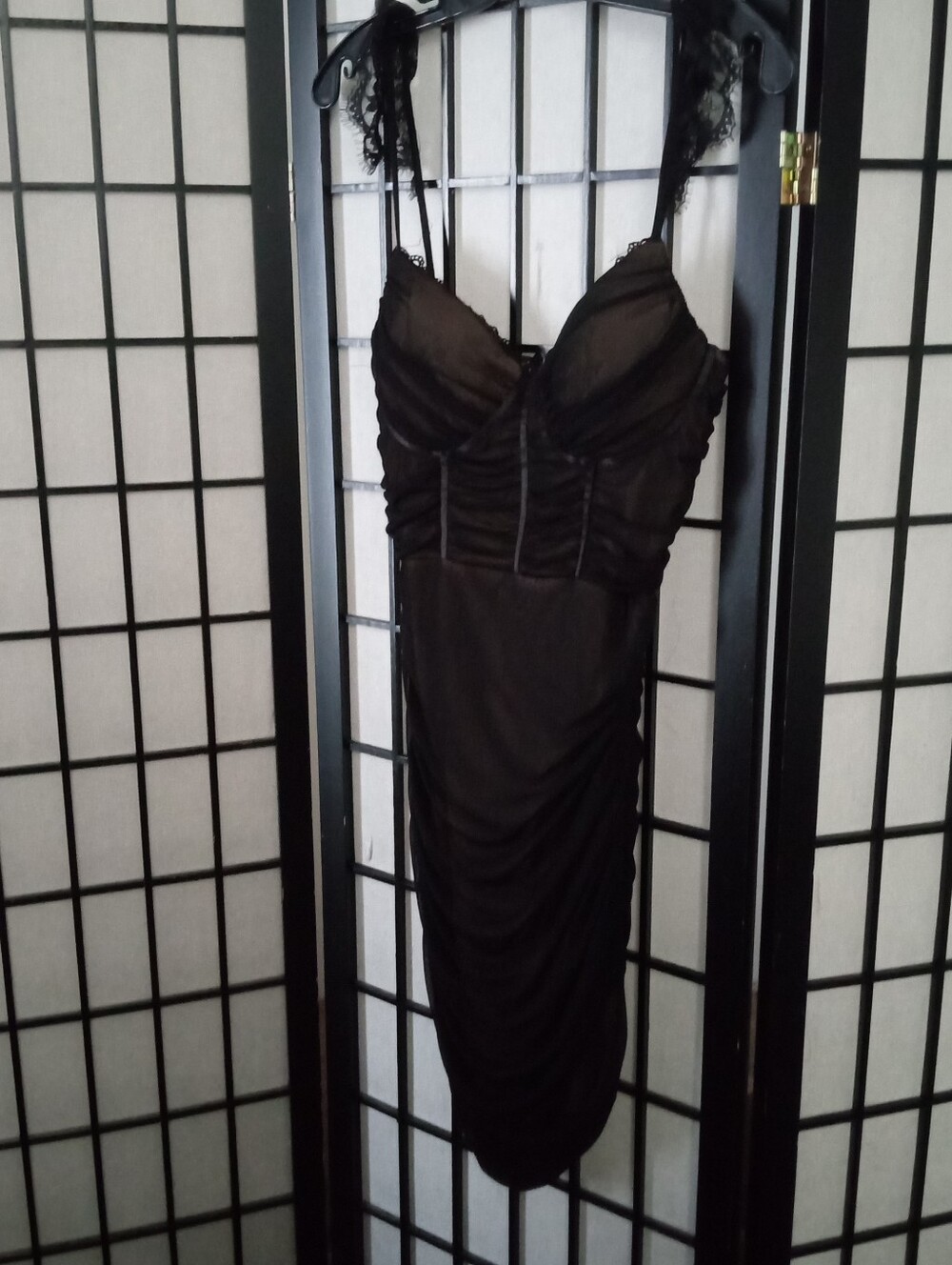 Windsor Black Ruched Lace Strap Mini Dress